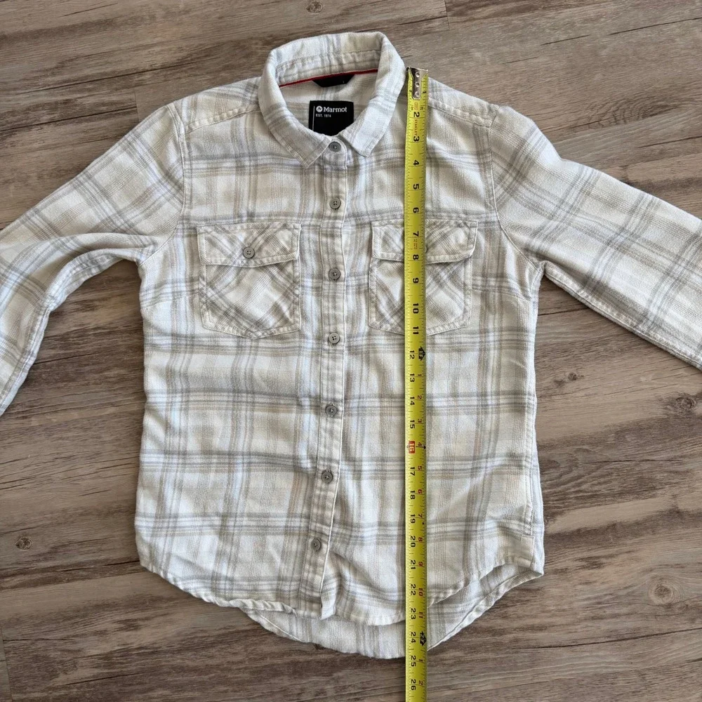Marmot Womens XS Cream Gray Plaid Flannel Button Down Shirt Pockets Excellent - Picture 5 of 11